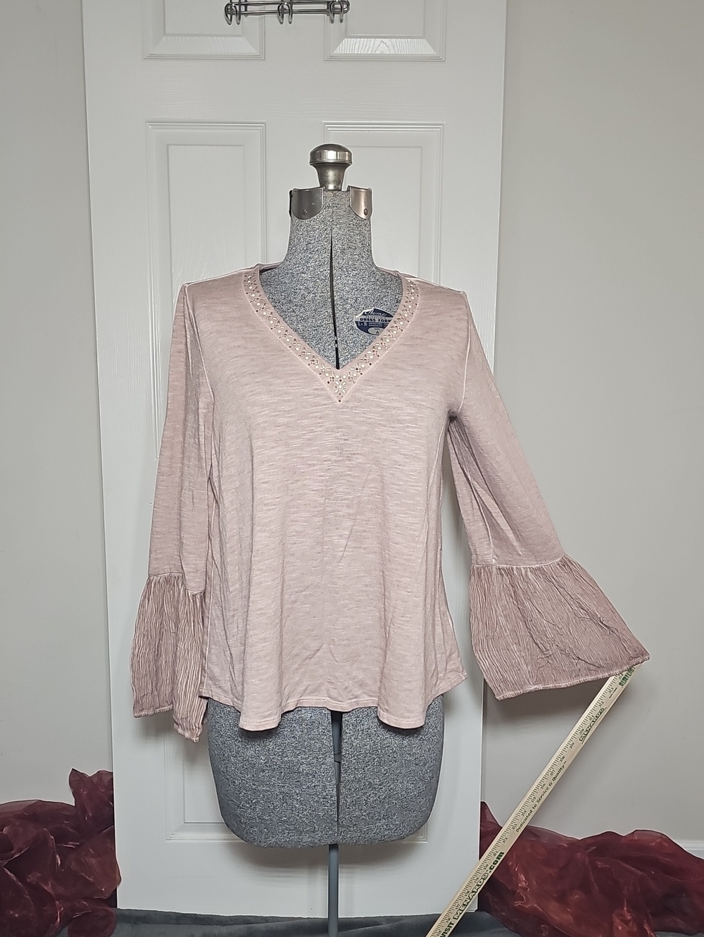 Knox Rose Beaded V-Neck Bell Sleeve Boho Blouse Size S
